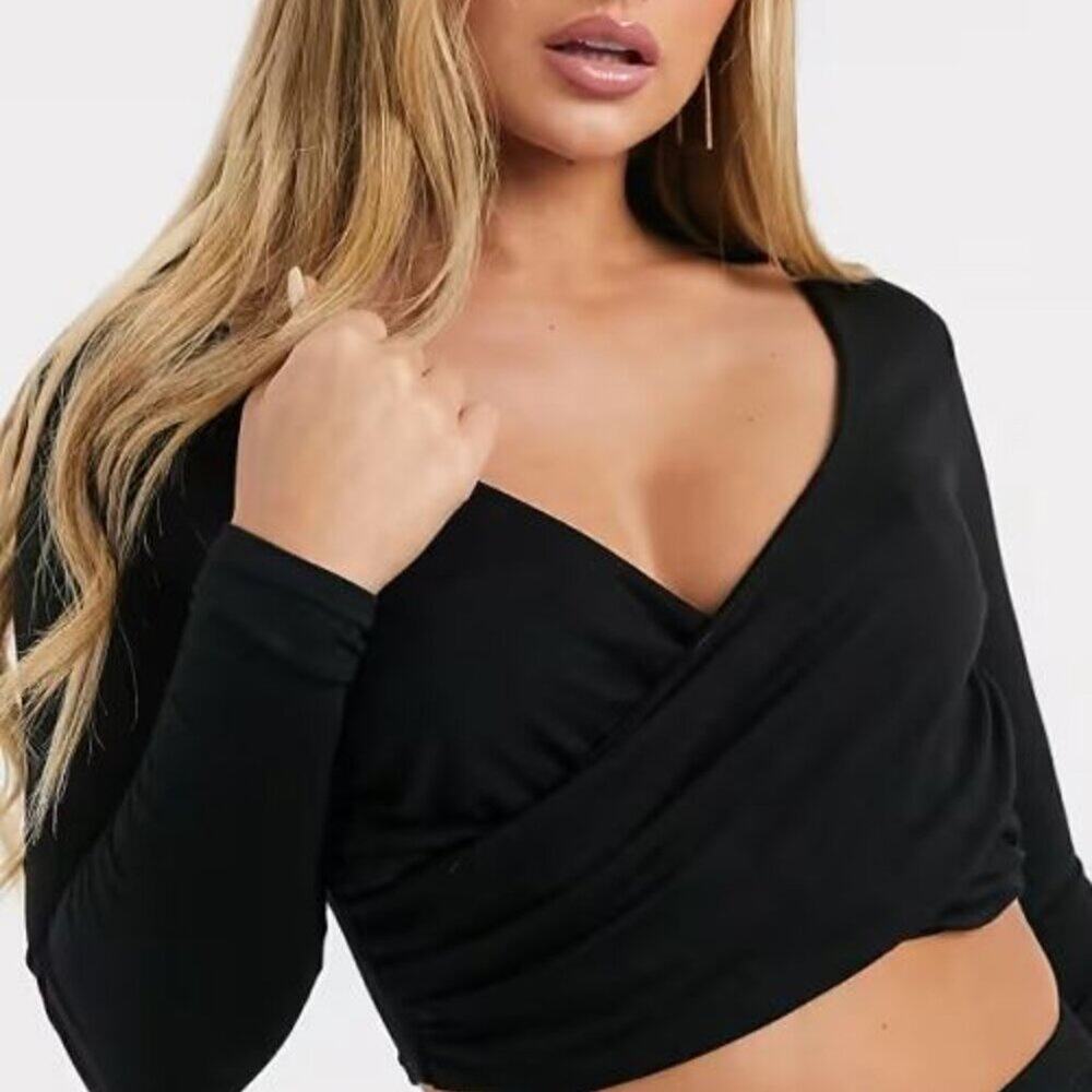 ASOS • Plunge Neck Wrap Front Crop Top, Size Small